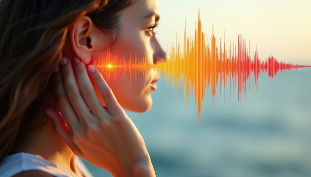 Woman feels auditory energy with sound waves near her ear. Colorful audio graph shows hearing perception. Future tech for sound sensitivity and health.