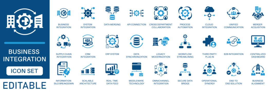 Business integration icon set. featuring data synchronization API connection, system automation, cloud computing,  and centralized workflow in a clean blue flat design.