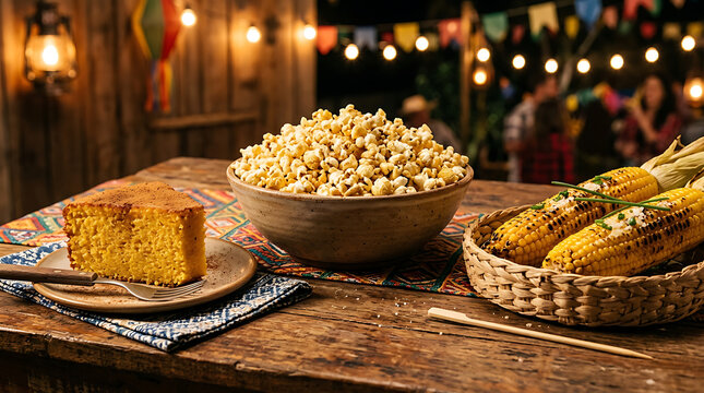 Festive Feast of Flavors: A rustic wooden table laden with a generous bowl of fluffy popcorn, a slice of golden cornbread, and grilled corn on the cob, set against a backdrop of a vibrant.