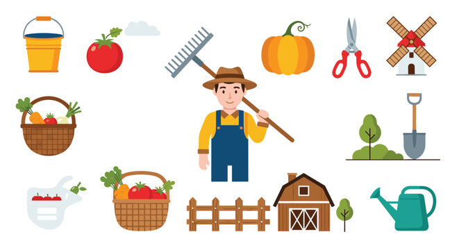 Agriculture and farming icons set with male farmer rake barn animals and vegetables for rural life themed designs.