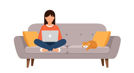 Fototapeta premium Woman Freelancer Working from Home on Laptop Sitting on Sofa with Sleeping Cat, Flat Vector Illustration