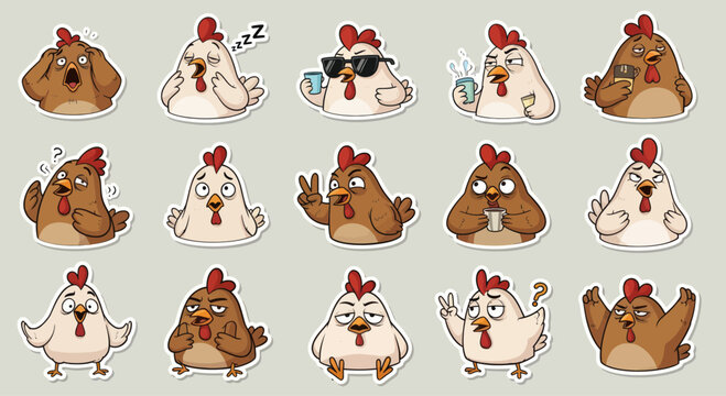 Funny Chicken Stickers Pack: Expressive Farm Birds with Various Emotions and Actions