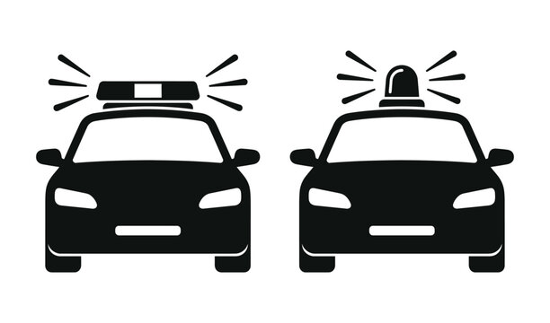 Black silhouettes of two police cars with flashing lights on top