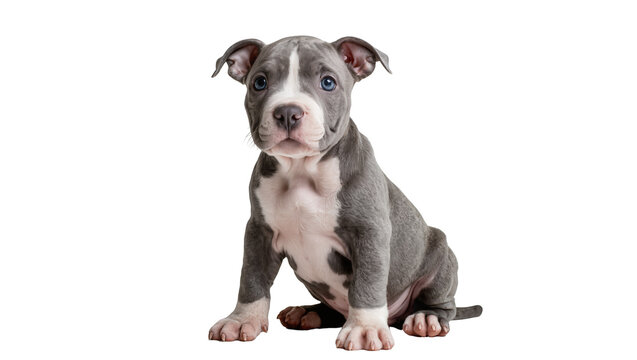 Blue-eyed pitbull puppy with grey and white markings sitting, isolated on transparent background