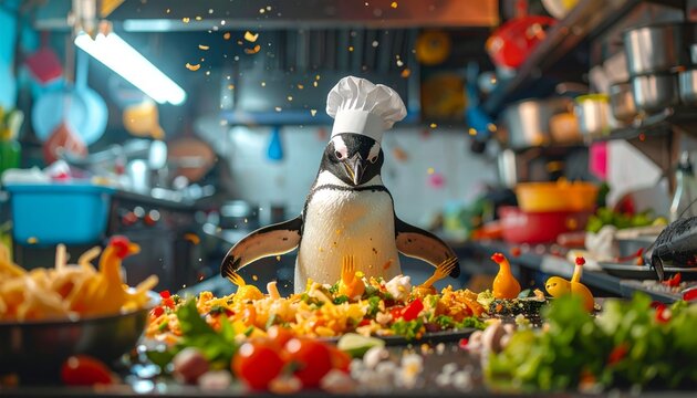 Penguin Chef Prepares Salad in Kitchen