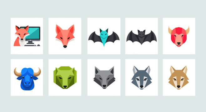 Geometric Animal Icons: Fox, Bat, Bull, Bear, Wolf, and Yak Faces