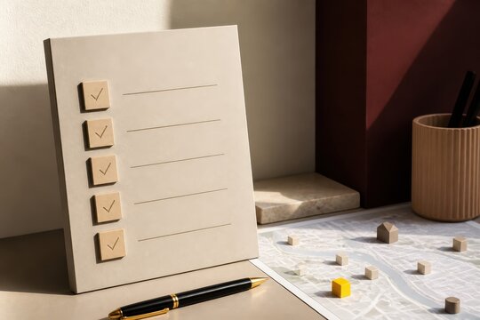 Minimalist checklist board with checked wooden blocks on desk beside pen and planning paper