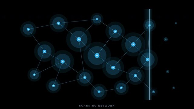 Digital abstract representation of interconnected nodes and scanning light lines, ideal for tech, network, communication, and data concepts.