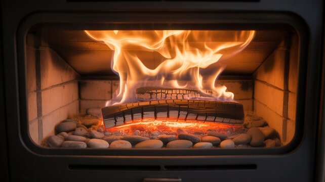 Closeup of burning logs in a modern fireplace with glowing embers and smooth decorative stones at the base