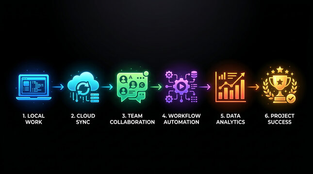 Vibrant workflow process with local work cloud sync team collaboration automation analytics and project success on black background