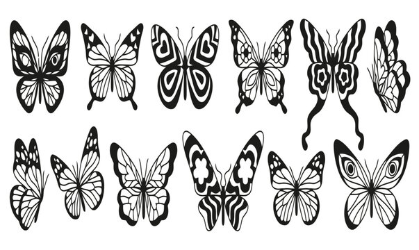 Decorative butterfly silhouettes collection, 12 black and white insect vector icons, ornate butterfly wing patterns for tattoo design and wedding stationery