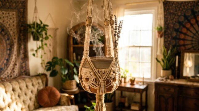 Bohemian macrame hanging diffuser releasing aromatic smoke with essential oils in a sunlit room