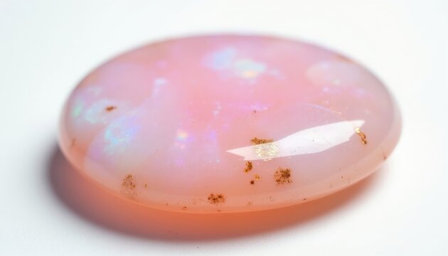 Polished pink opal gemstone with iridescent flashes and flecks of gold. Smooth cabochon stone shows subtle light play. Object isolated on clean white background.