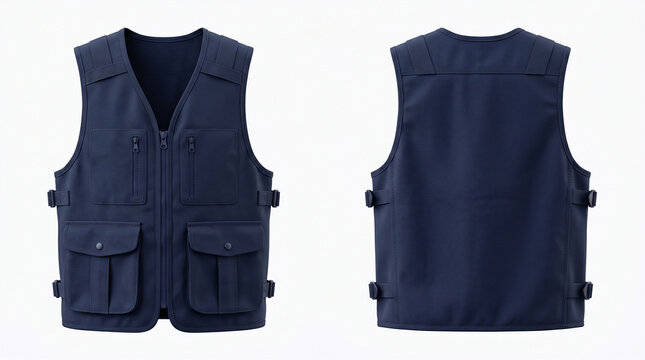 Utility vest features a clean dark blue aesthetic with side adjustment straps and practical pockets shown from the front and back, offering a professional template for versatile outdoor apparel.