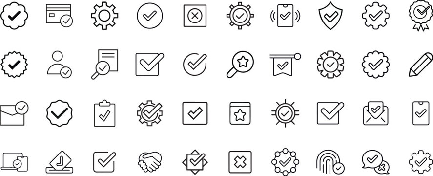 Checkmark and Approved web icon set in line style. Checklist, accepted, stamp, accept, agree, quality control, collection. Editable stroke. Vector illustration.