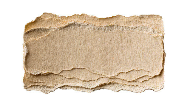 Stack of torn brown paper sheets with rough edges, isolated on transparent background