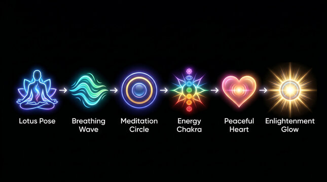 Neon meditation process flowchart featuring lotus pose breathing waves chakra energy alignment and spiritual enlightenment glow symbols isolated on black background