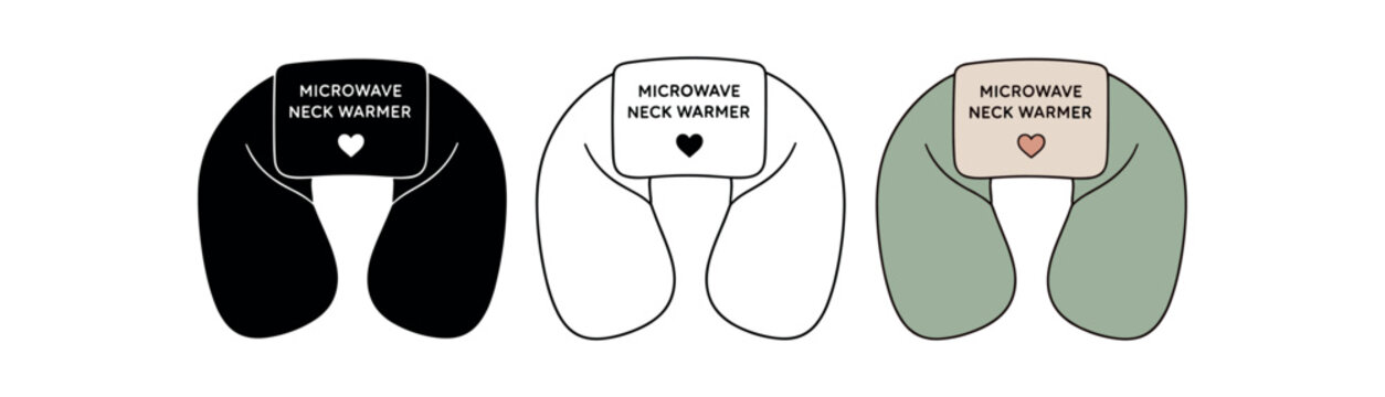 Microwave neck warmer icon set. u-shaped heating pad, travel pillow, warm compress, spa accessory. line, flat and colored vector icon set.