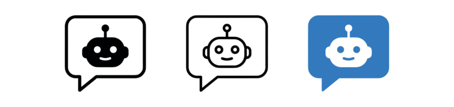Chatbot message icon set. bot chat, ai assistant, messaging bubble, support and conversation. line, flat and colored vector icon set.