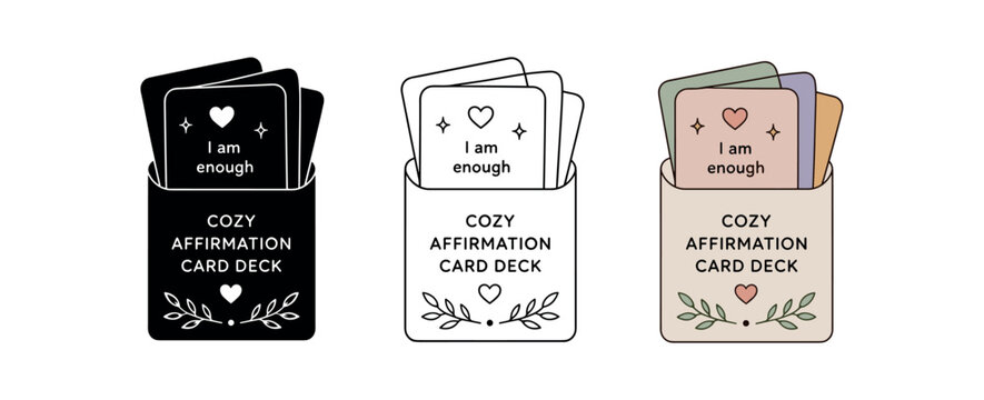 Cozy affirmation card deck icon set. affirmation cards, self care, mindfulness, gratitude, decorative box. line, flat and colored vector icon set.