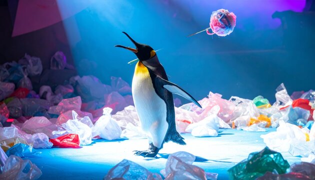 Penguin conducting an orchestra of popping bubble wrap