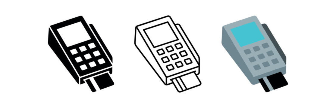 Pos terminal icon set. payment machine, card reader, point of sale, credit card, retail checkout. outline flat and colored vector illustration.