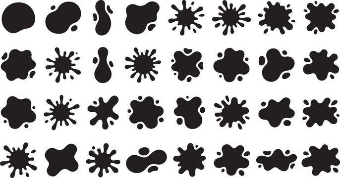 Black ink splats collection, vector paint drops and liquid blotches set, abstract splash silhouette icons, dirty dye texture elements, fluid shape blobs