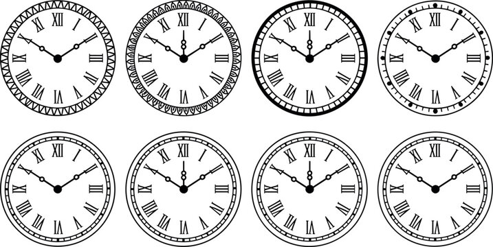 Black silhouette vector illustration of analog clocks with Roman numerals showing different times and decorative border design variations