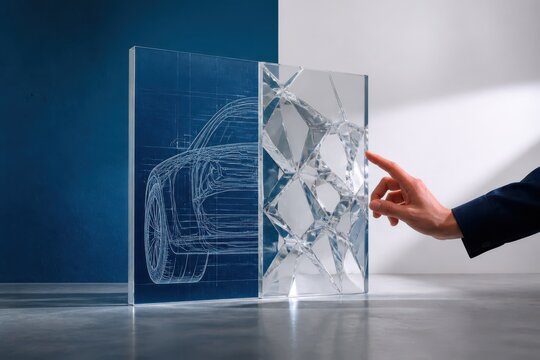 Transparent glass blocks with car blueprint and fractured surface touched by hand in modern technology concept lighting