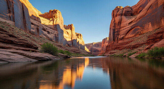 Golden sunrise illuminates a majestic desert canyon, as a tranquil river reflects the towering red sandstone walls, creating a breathtaking and serene natural landscape