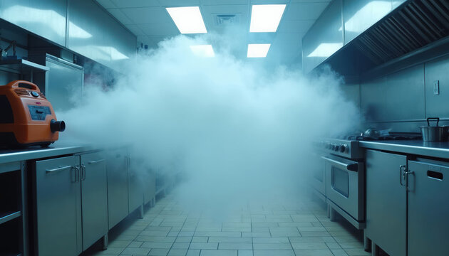 Commercial kitchen fogging machine emits dense white vapor for pest control or sanitation. Stainless steel surfaces, gas range, exhaust hood visible.