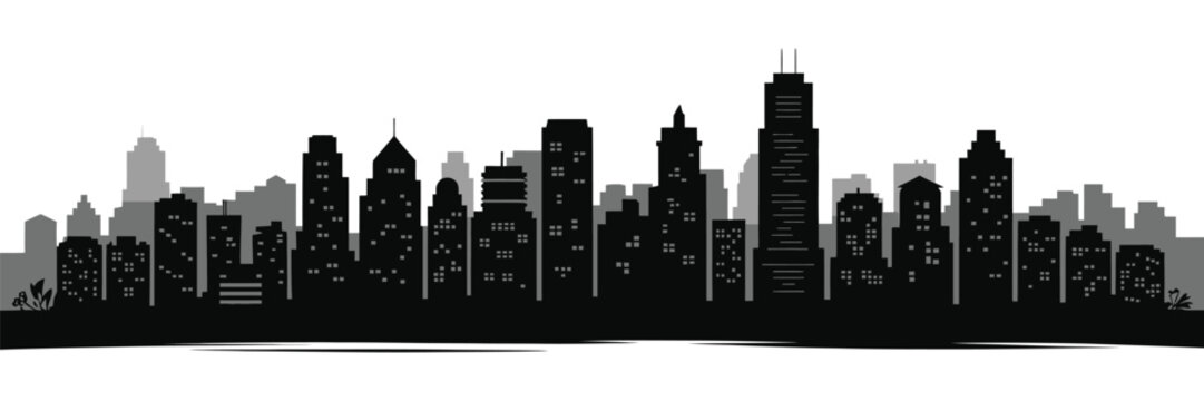 City skyline vector illustration with black isolated panorama shape of modern megacity buildings and skyscrapers on white background banner