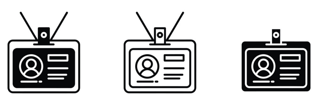Three black and white ID badge icons with different outline styles for identification and security concepts