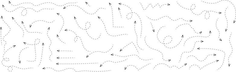 Curved dotted arrow. Zigzag arrow stripes design with dotted lines. Dot line path route. Hand-drawn dash arrow collection. Directional marks for creative travel map illustrations. © Asiky Asiq graphic