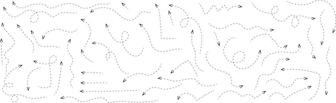 Curved dotted arrow. Zigzag arrow stripes design with dotted lines. Dot line path route. Hand-drawn dash arrow collection. Directional marks for creative travel map illustrations.