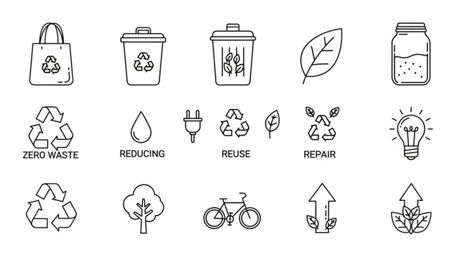 Eco friendly icons show zero waste lifestyle with reuse and repair