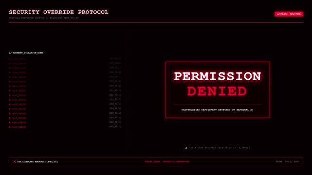 Security Override Protocol Permission Denied Monitor Screen Showing Critical Privilege Lockout Notification Banner With Red Cyber Hardware Crash Logs.