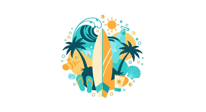 Flat Vector Illustration of Summer Beach Elements with Surfboard, Palm Trees, and Ocean Wave