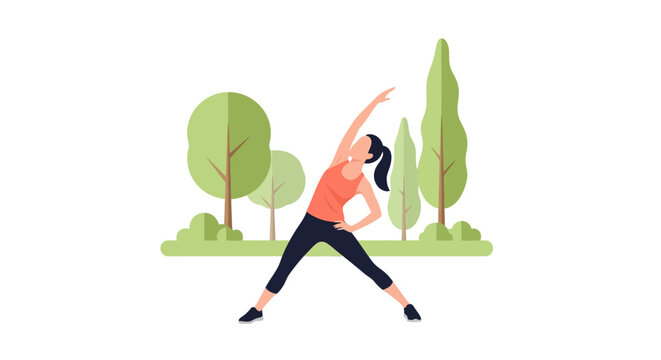 Woman Doing Stretching Exercises in Public Park Vector Illustration, Outdoor Fitness and Healthy Lifestyle Concept Isolated on White Background