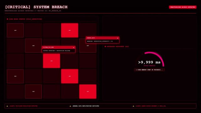 Critical System Breach Screen Showing Unauthorized Access Detected Alert Popups Database Timeout Latency Gauge And Core Memory Dump Progress Status Red HUD Monitor.