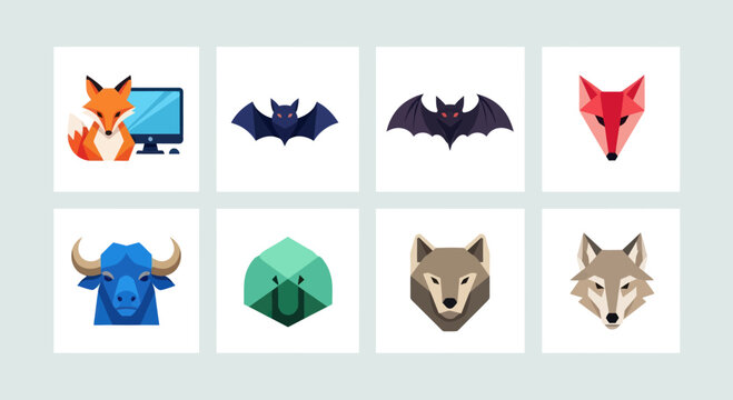 Geometric Animal Icons Set: Fox, Bat, Buffalo, Wolf, Abstract Shape