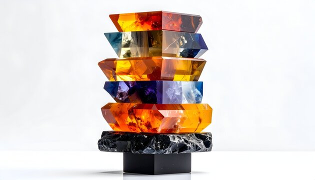 Stacked, colorful, geometric crystal forms against a white background