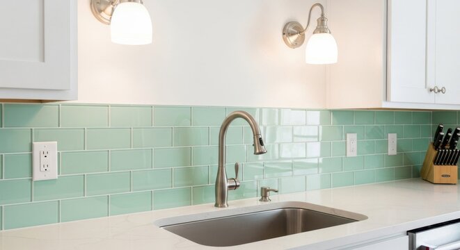 Gleaming mint green subway tiles form a modern kitchen backsplash behind a stainless steel sink and faucet.
