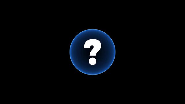 Question mark black background neon blue circle loading animation loop, glowing help info or quiz symbol motion graphics element