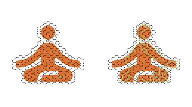 Two orange puzzle figures sit in meditation pose. Each figure composed of interlocking puzzle pieces. Simple lines define calm, centered posture. Peaceful stillness conveyed through design