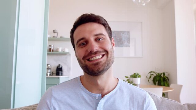 Video call, pov and face of man with sign language for communication, contact and networking. Home, portrait and person with I miss you gesture for online conversation, chat and wave for greeting