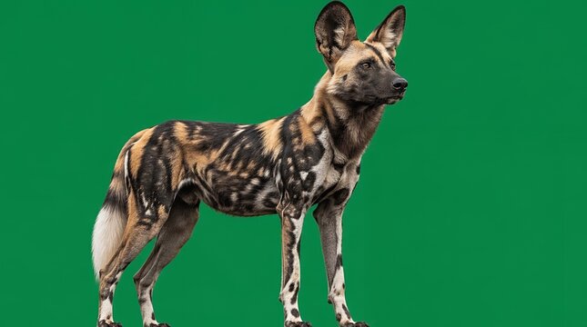 African Wild Dog Standing Full Body Portrait Isolated on Green Screen Background