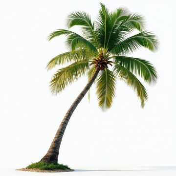 Leaning coconut palm tree isolated on white background. Realistic tropical plant with green fronds, textured trunk. Foliage creates shadow on white surface. Ideal for summer travel, resort themes.