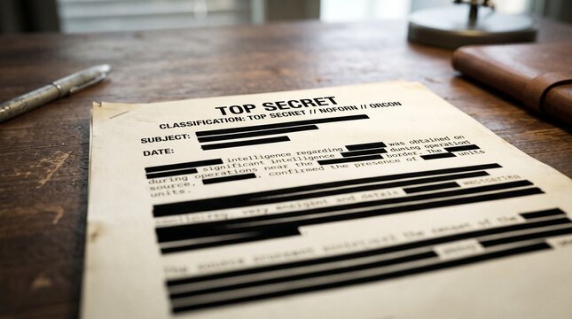 Top secret document with redacted information resting on a rustic wooden office desk surface in this professional close up photograph for conceptual business security themes