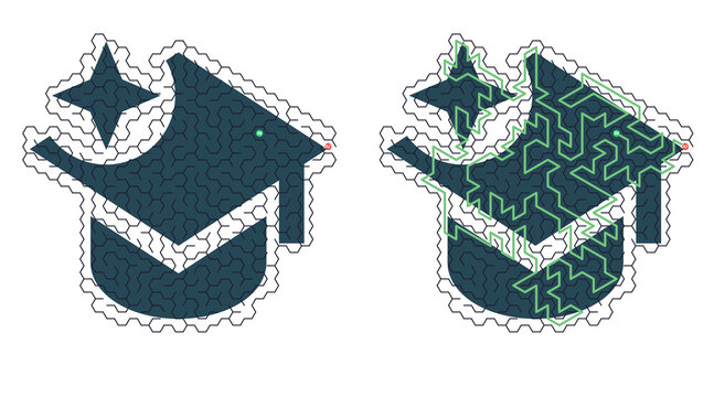 Graduation cap with sparkling star above. Patterned design in deep teal tones. Stylized outline with dotted edges. Ideal for academic or celebratory themes. Use in education, milestone